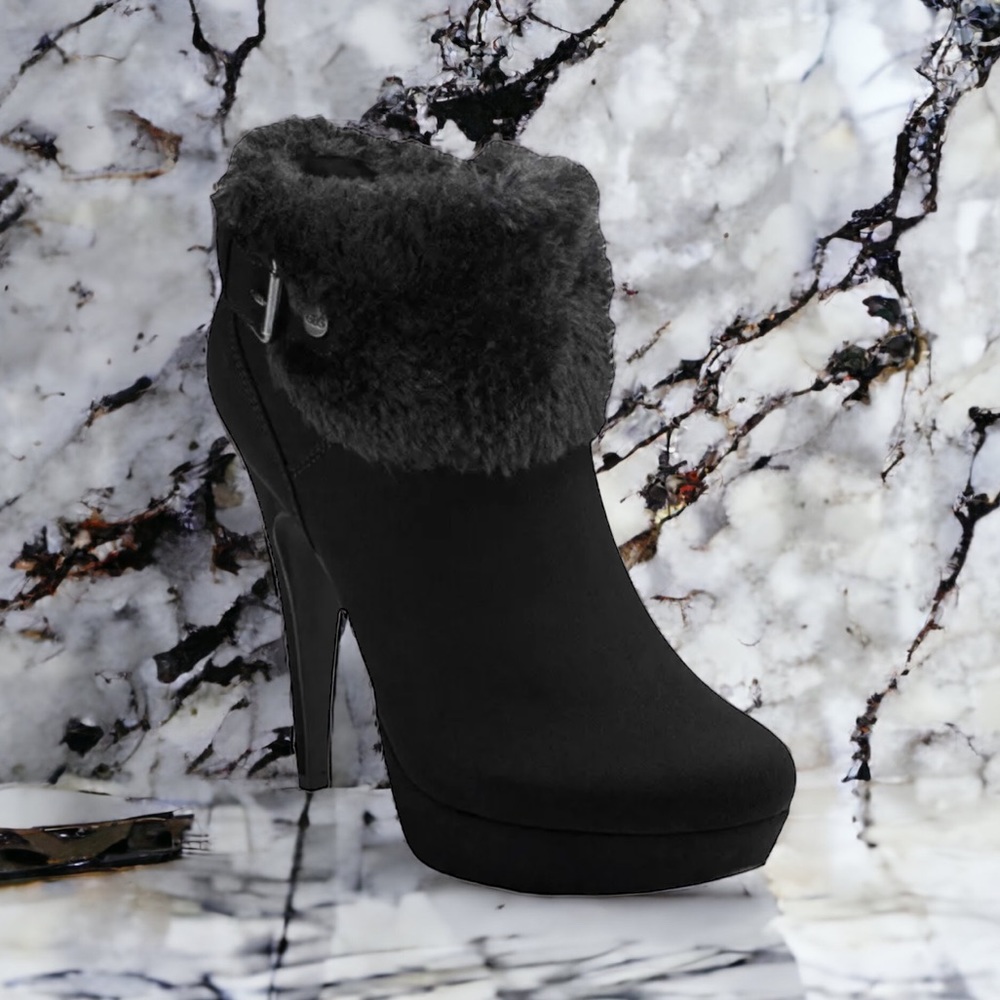 Guess Black Faux Fur Trim Platform Ankle Booties